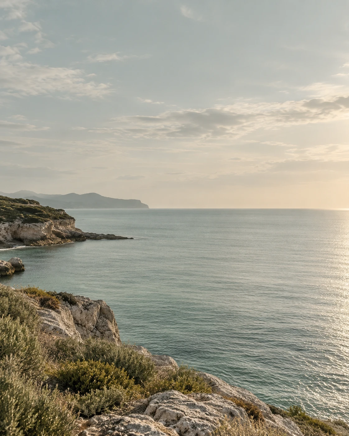 Horizonte del mar Mediterráneo en calma, con una costa rocosa y vegetación baja bajo un cielo suave.